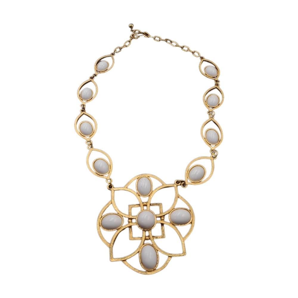 Gold Tone Floral Statement Necklace with White Cabochon Stones NWOT